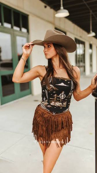 Lucky and Blessed Brown Stretch Suede Ivory Boot Stitch Fringe Tier Skirt | Country Clothing - skirt | Saddlworld Ipswich