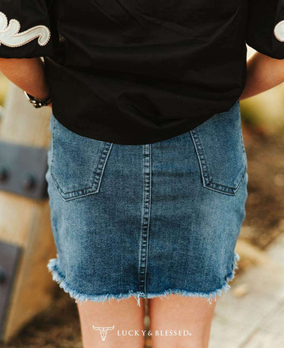 Lucky and Blessed Classic Western Unfinished Hem Mid Wash Skirt