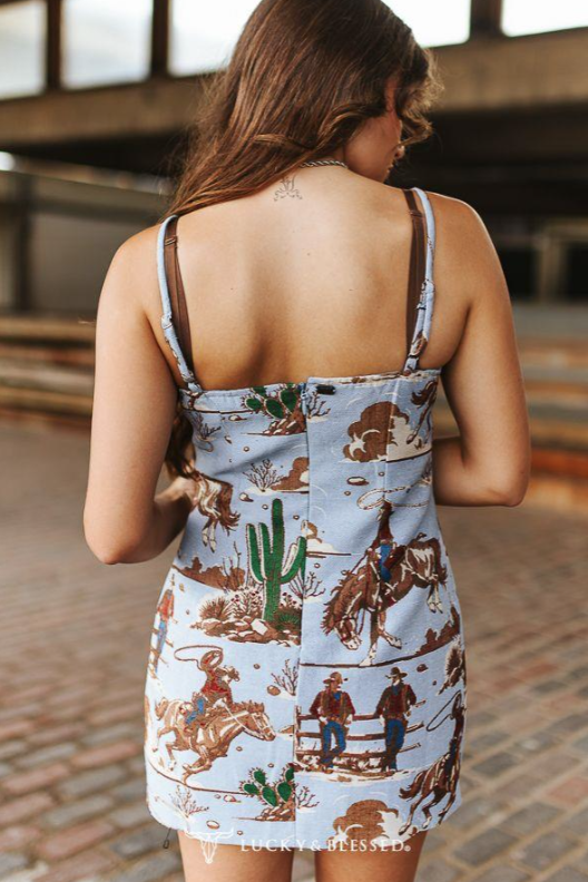 Lucky and Blessed Jacquard Light Blue Western Woven Running Horse Strap Dress | Country Clothing - Ladies Dress | Saddleworld Ipswich