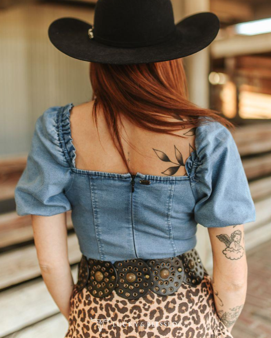 Lucky and Blessed Light Wash Denim Stretch Puff Sleeve Corset Bodysuit