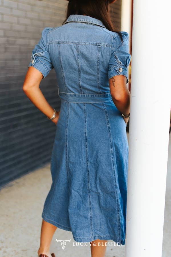 Lucky and Blessed Mid Wash Concho Button Down Belted Collared Denim Puff Sleeve Dress | Country Clothing - ladies Dress | Saddleworld Ipswich