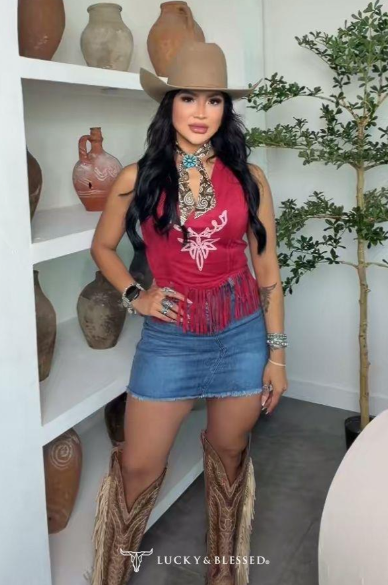 Lucky and Blessed Red Stretch Suede Fringe Hem Contrast Stitching Top | country Clothing - Shirt | Saddleworld Ipswich