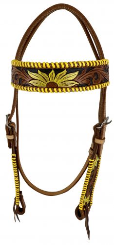 Showman Two Tone Leather Browband Bridle with Hand Painted Sunflowers
