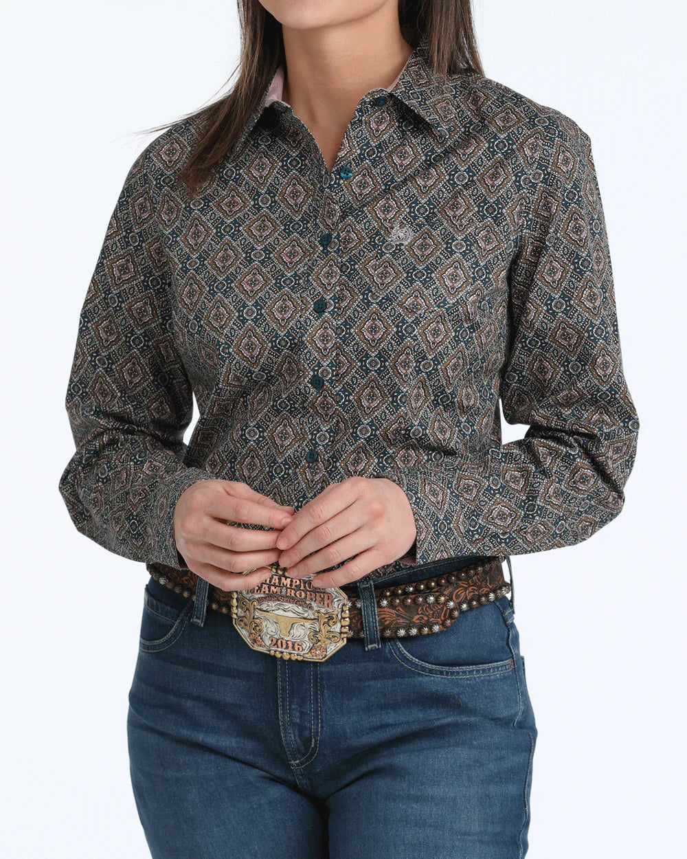 Cinch Wmns Brown with Blue Print Shirt