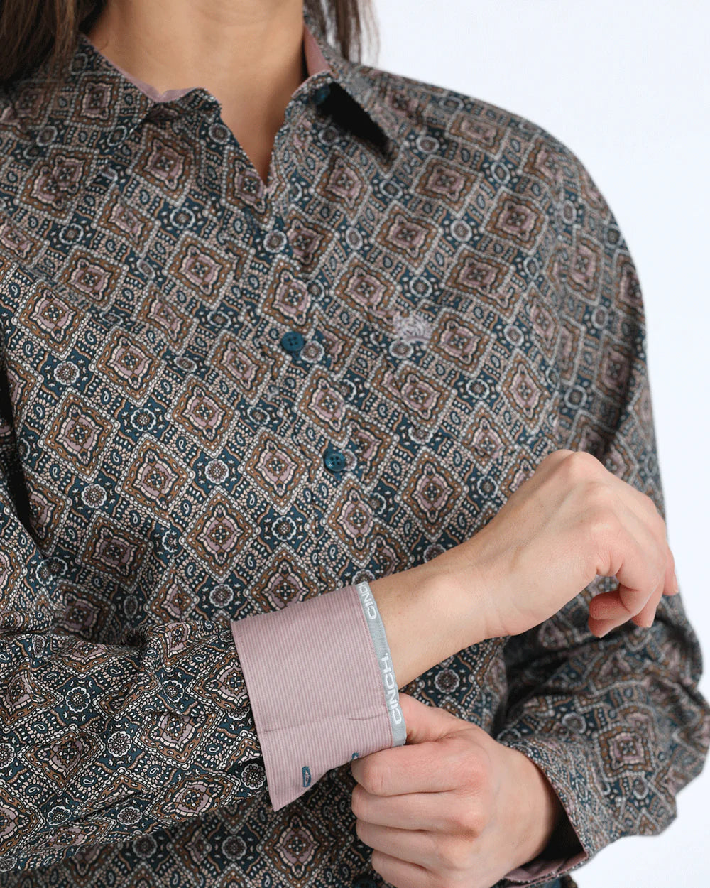 Cinch Wmns Brown with Blue Print Shirt