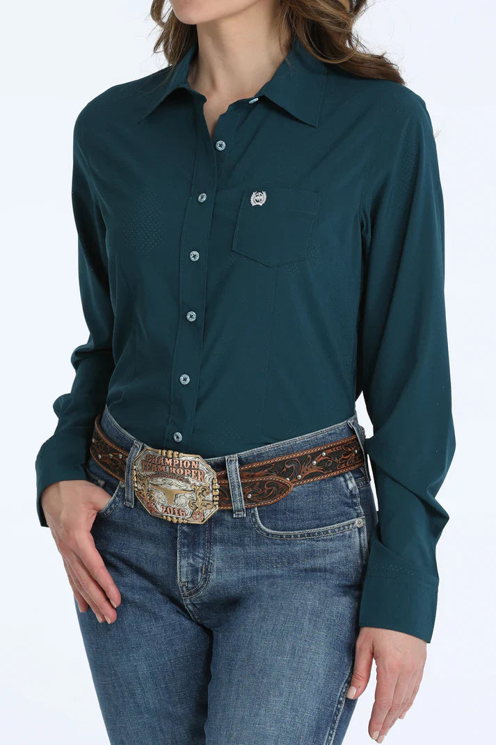 Cinch Wmns Arenaflex Solid Teal Long Sleeve Shirt