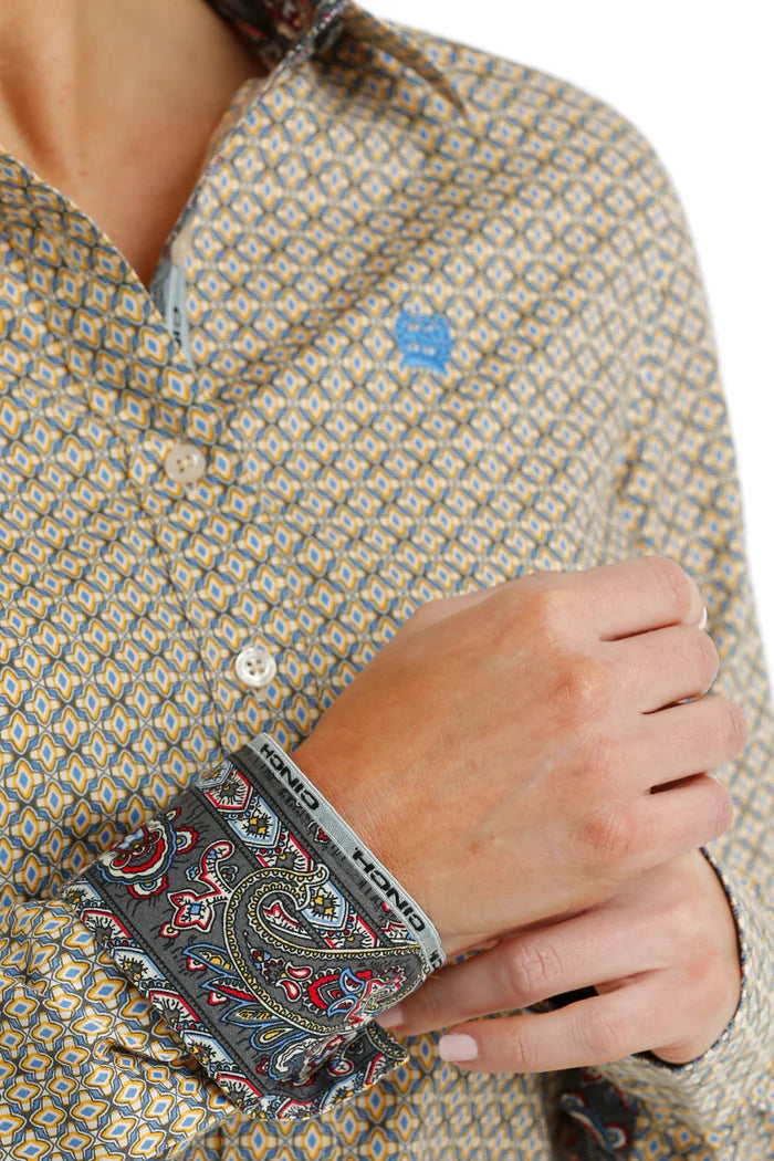 Cinch Wmns Printed Cream Long Sleeve Shirt - Black Friday Sale