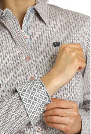 Cinch Wmns Geometric Print Button Down Shirt - Pink/Blue - Black Friday Sale