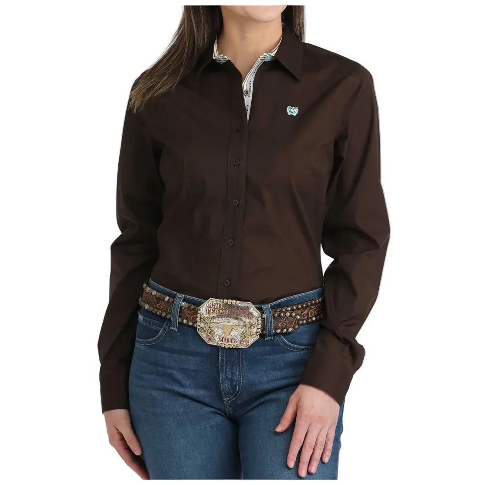 Cinch Wmns Long Sleeve Western Button Down Shirt - Solid Brown