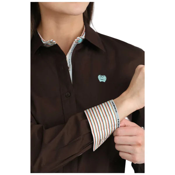 Cinch Wmns Long Sleeve Western Button Down Shirt - Solid Brown