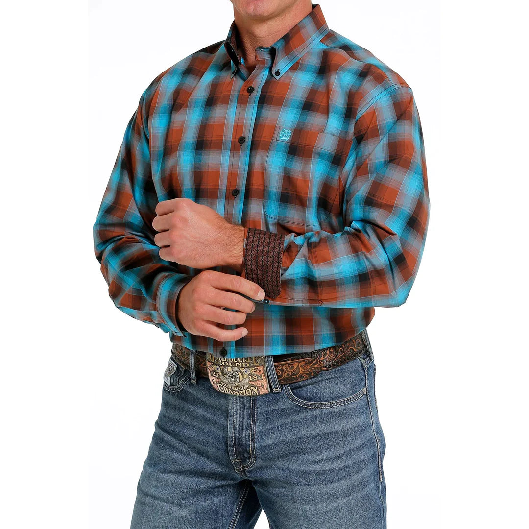 Cinch Mens Brown/Teal Plaid Arena Shirt - Black Friday Sale