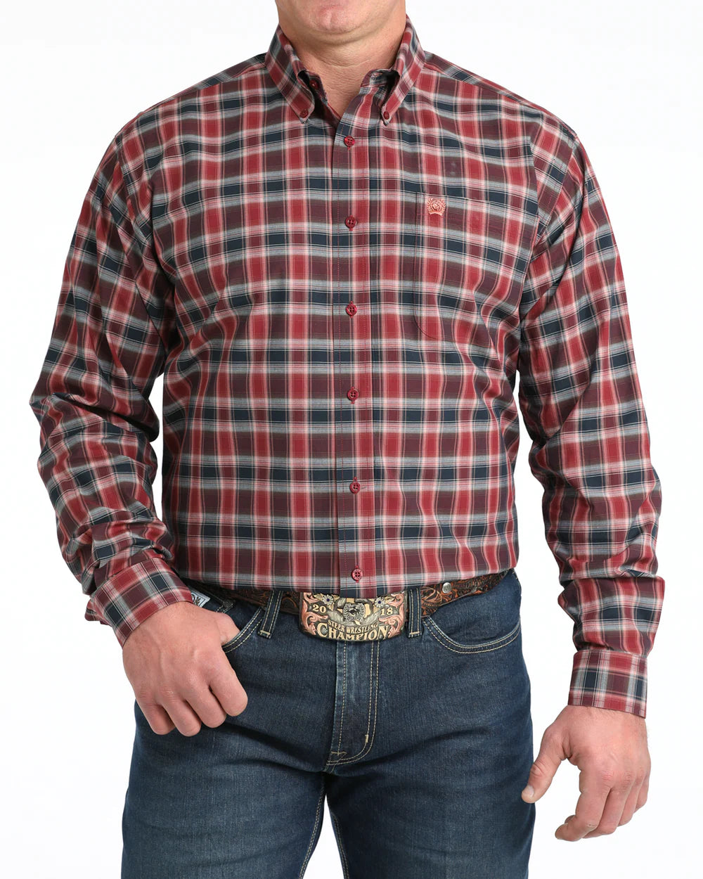Cinch Mens Burgundy Plaid Long Sleeve Shirt