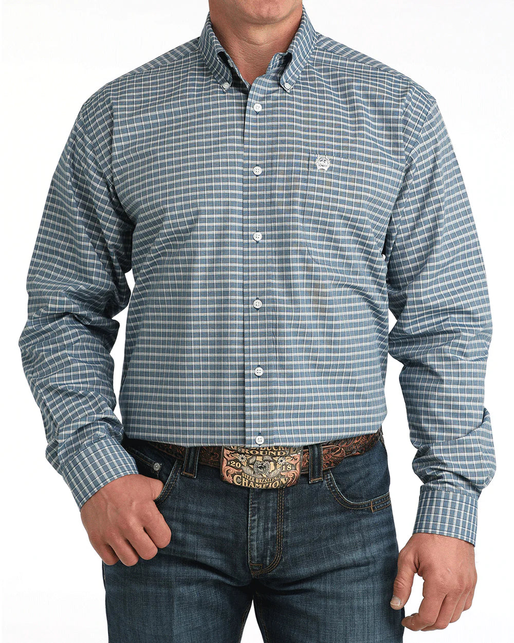 Cinch Mens Navy Plaid Button Down Long Sleeve Shirt