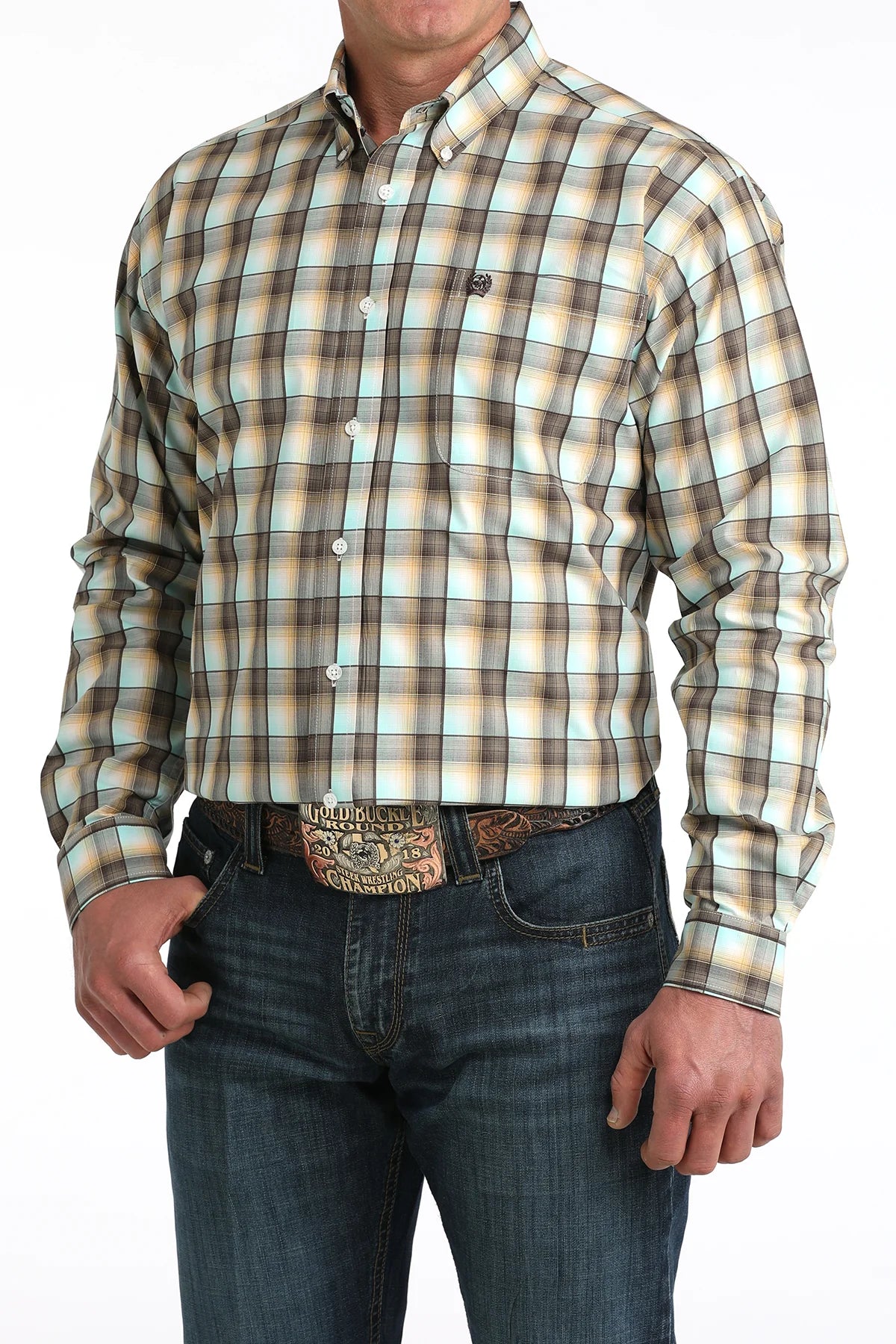 Cinch Mens Plaid Long Sleeve Button Down Shirt