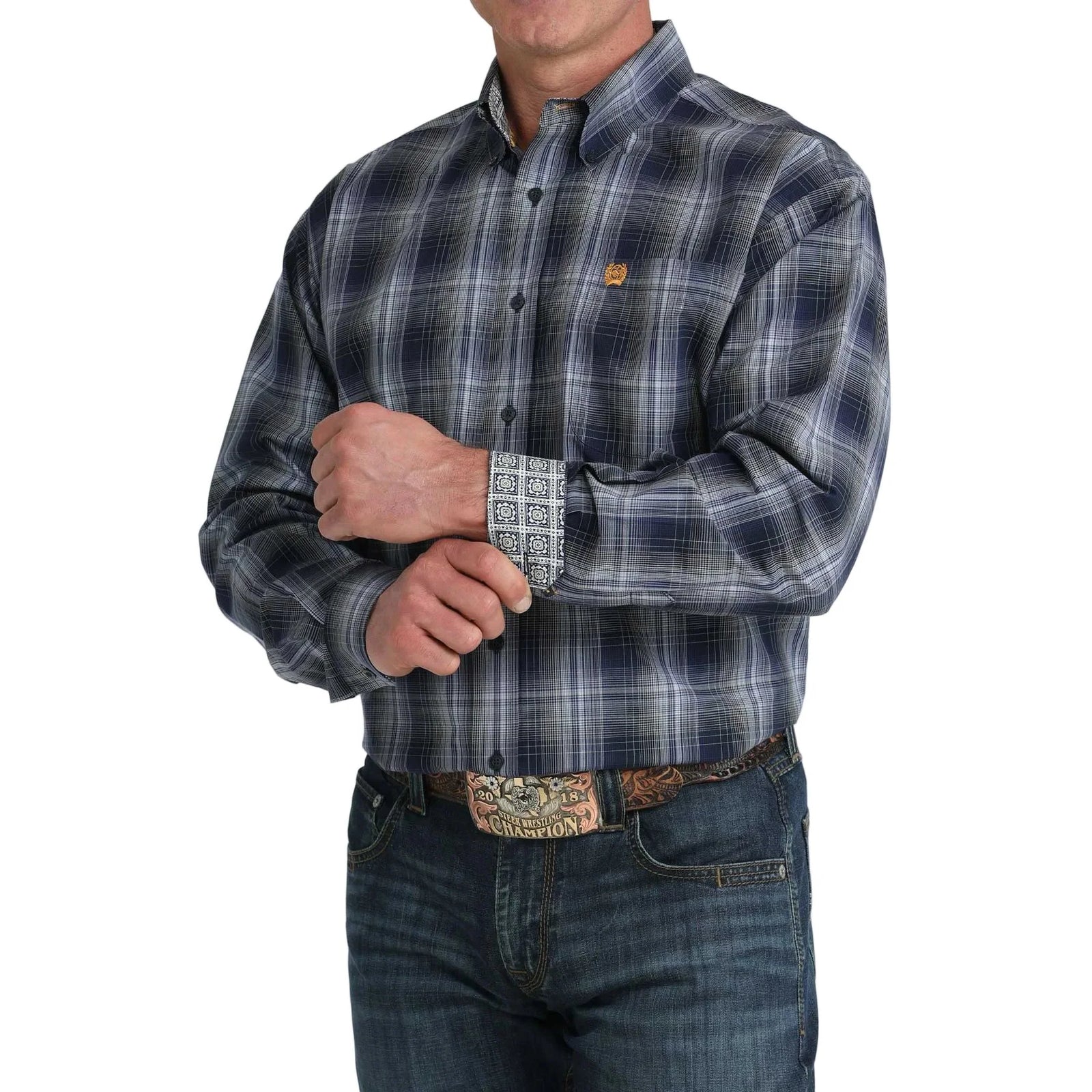 Cinch Mens Navy Plaid Long Sleeve Button Up Shirt