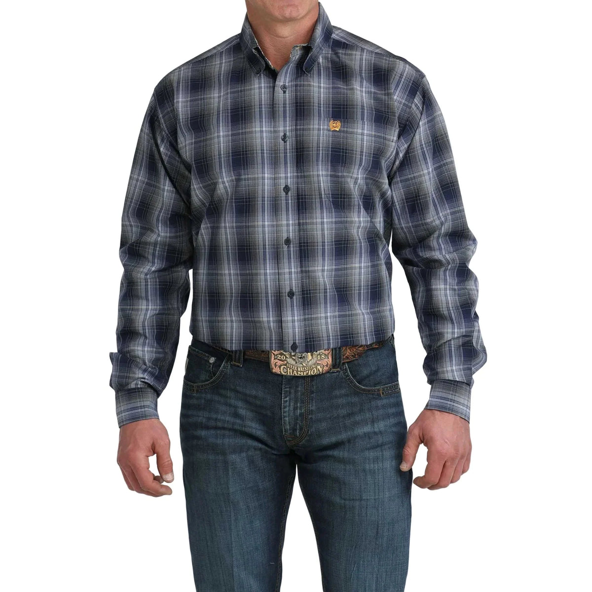 Cinch Mens Navy Plaid Long Sleeve Button Up Shirt