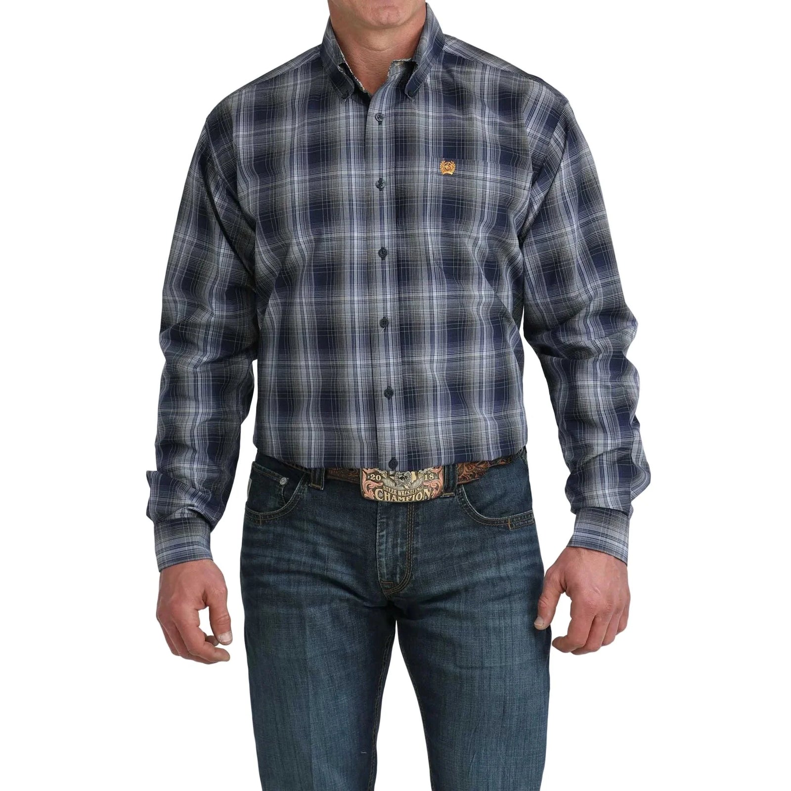 Cinch Mens Navy Plaid Long Sleeve Button Up Shirt