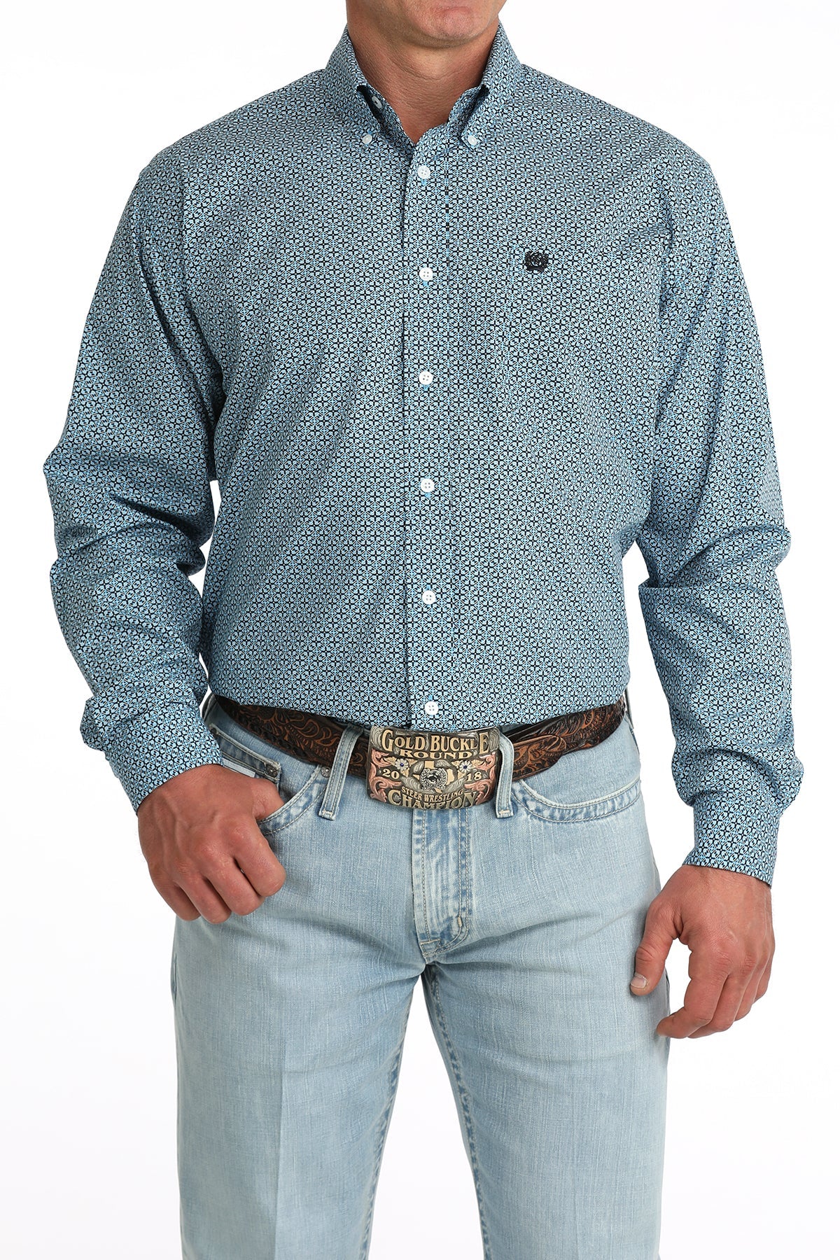 Cinch Mens Blue Geo Print Long Sleeve Shirt