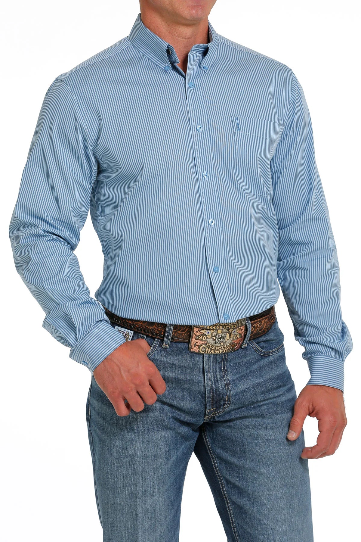 Cinch Mens Modern Fit Blue Stripe Long Sleeve Button Down Shirt