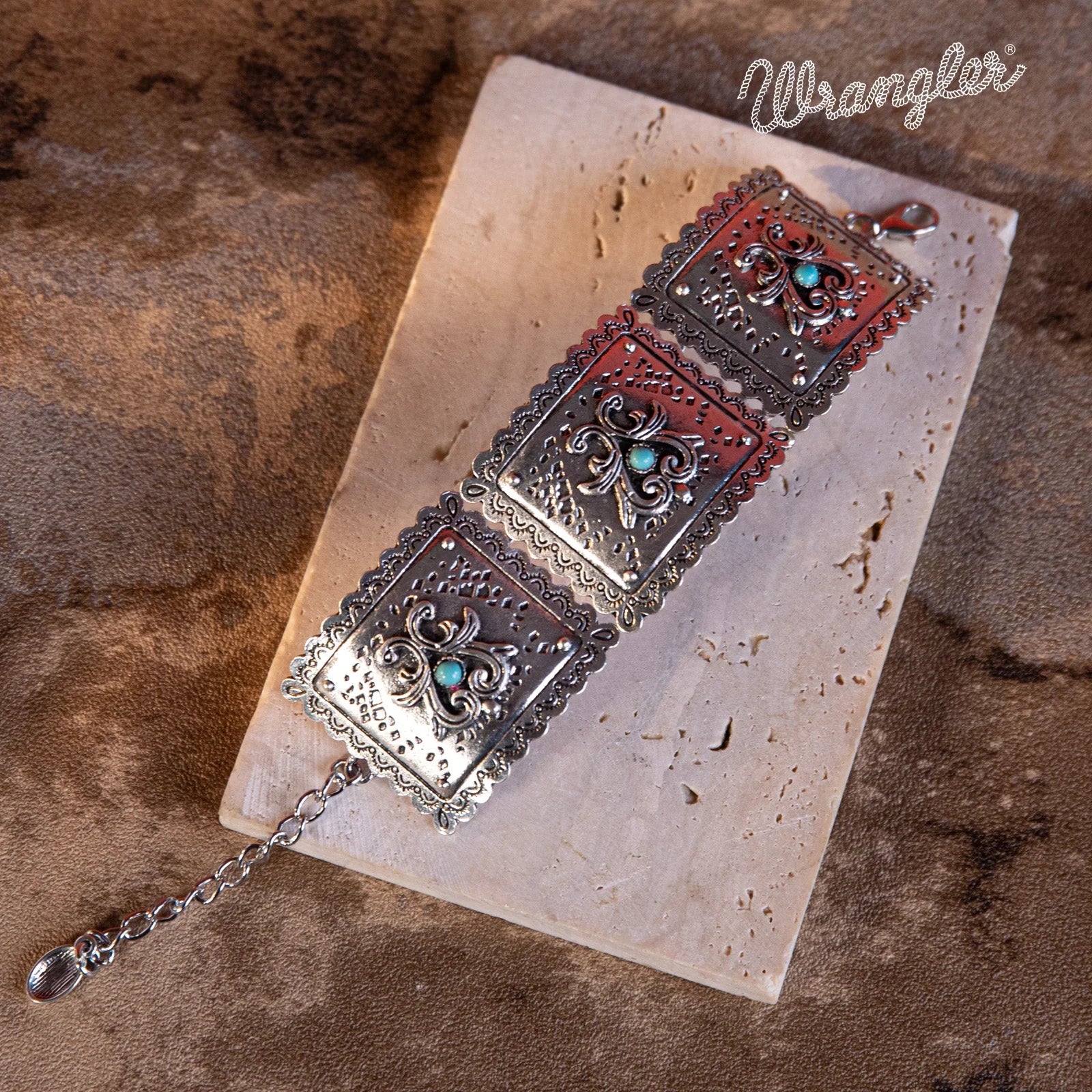 Wrangler Silver Chain Concho Cuff Bracelet Turquoise Stone