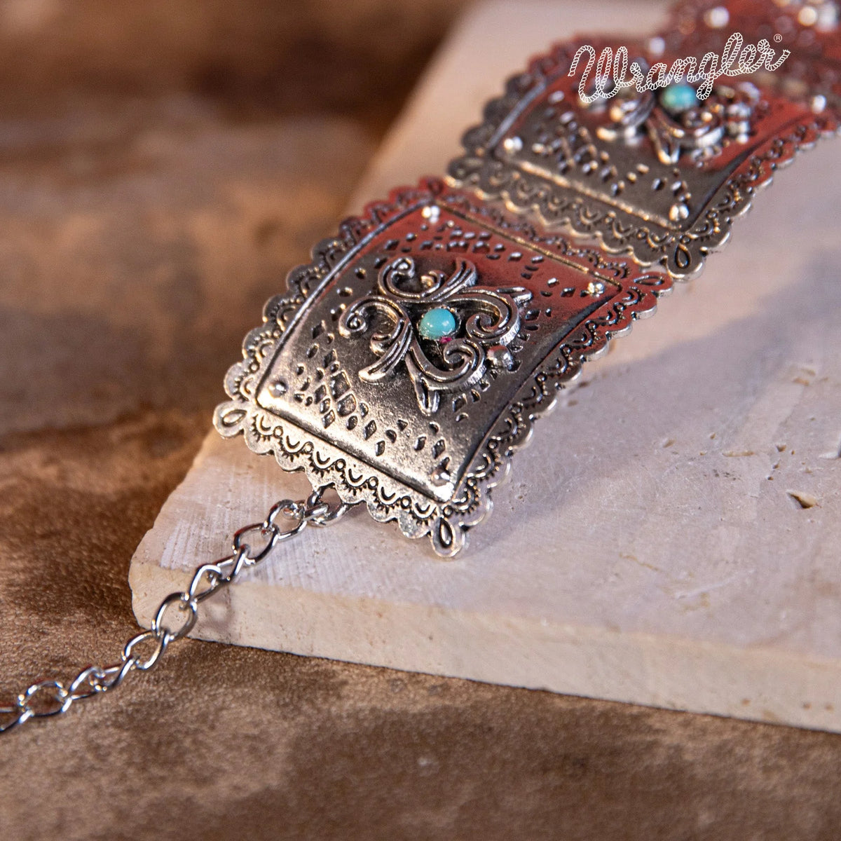 Wrangler Silver Chain Concho Cuff Bracelet Turquoise Stone