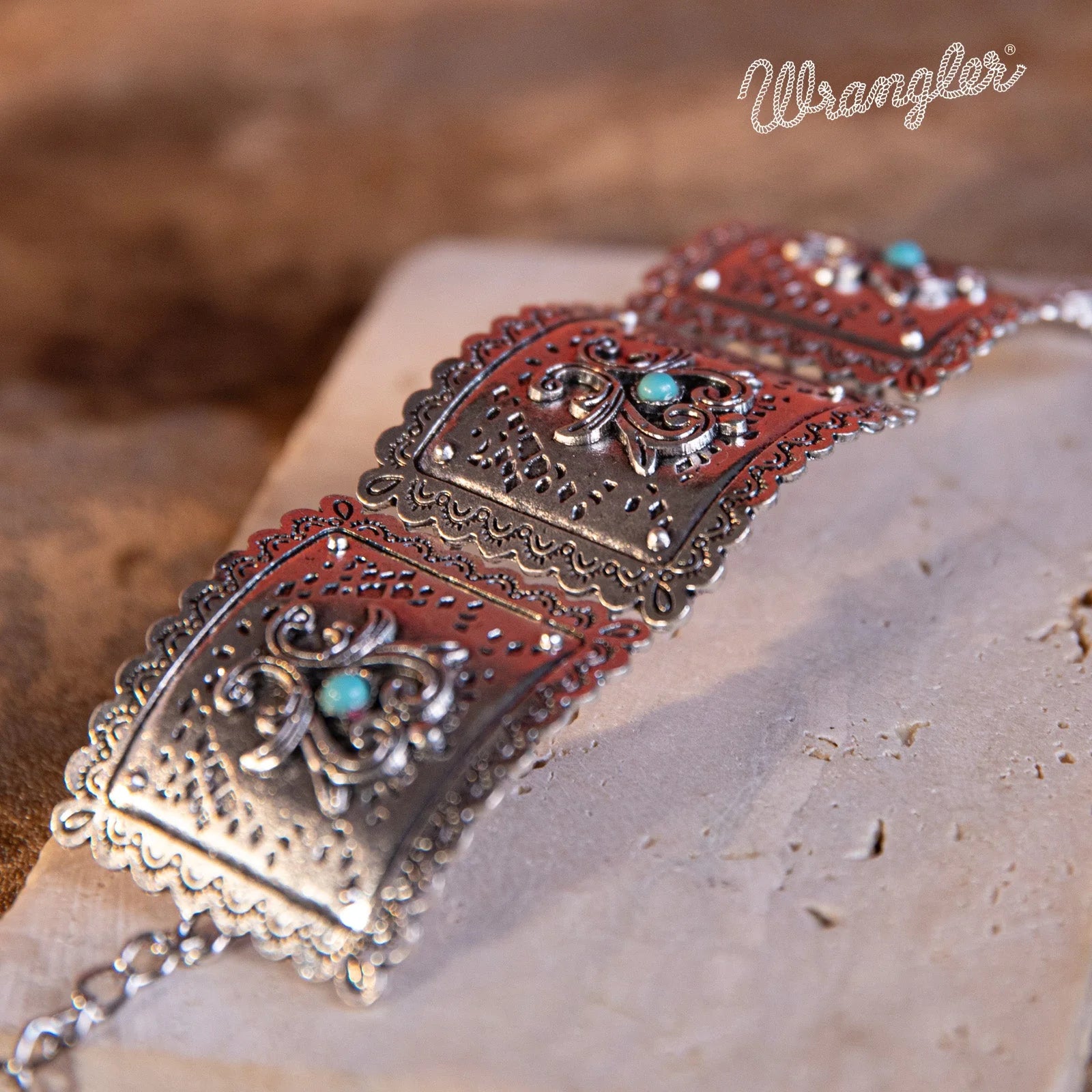 Wrangler Silver Chain Concho Cuff Bracelet Turquoise Stone