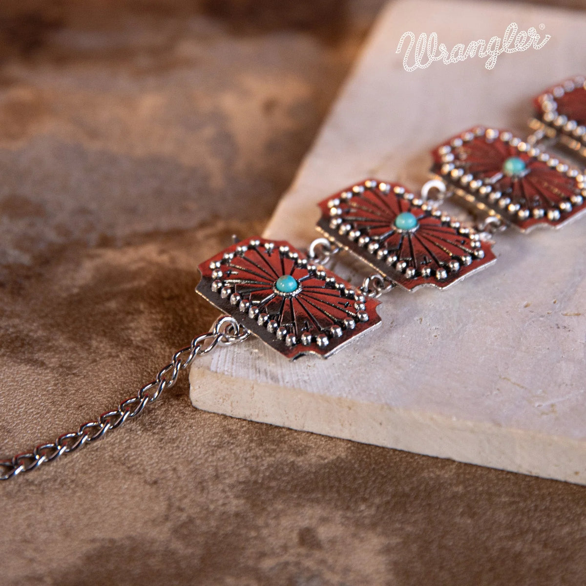 Wrangler Silver Chain Concho Cuff Bracelet Turquoise Stone