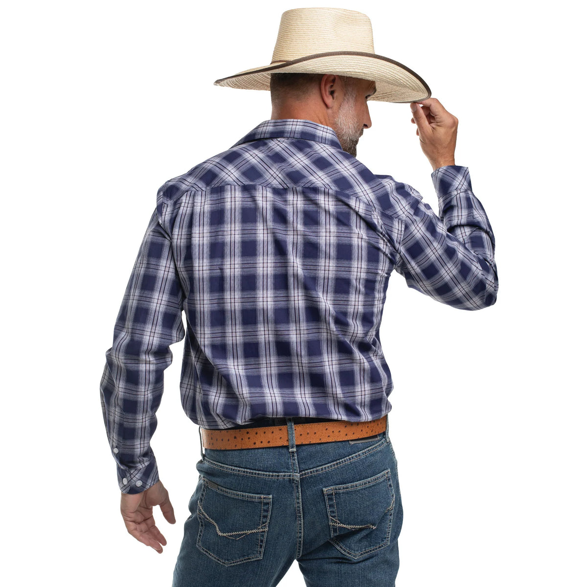 Just Country Mns Austin Full Button Print Workshirt Navy and White Plaid