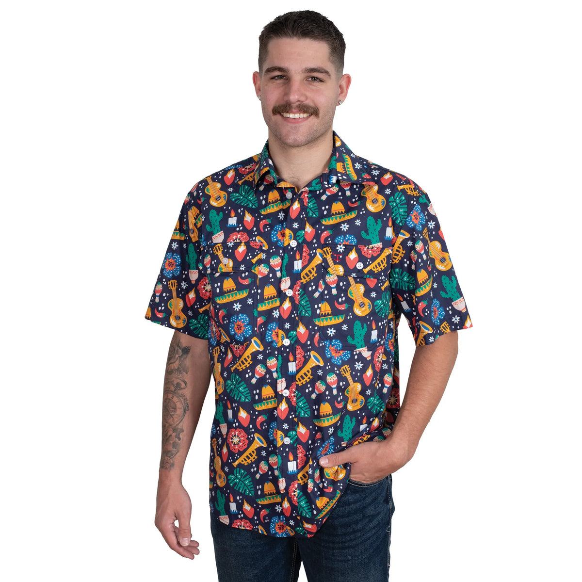 Just Country Mns Jordan Full Button Short Sleeve Print Workshirt Navy Fiesta