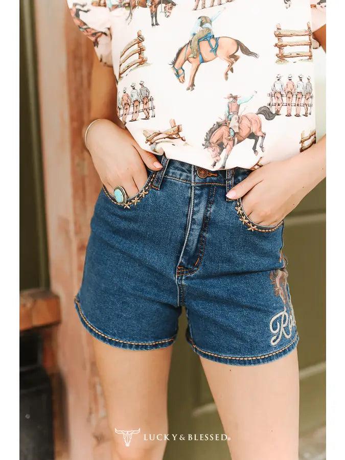 Mid Wash Buck- Stitch Printed Stretch Denim Shorts | Country Clothing - Shorts | Saddleworld Ipswich