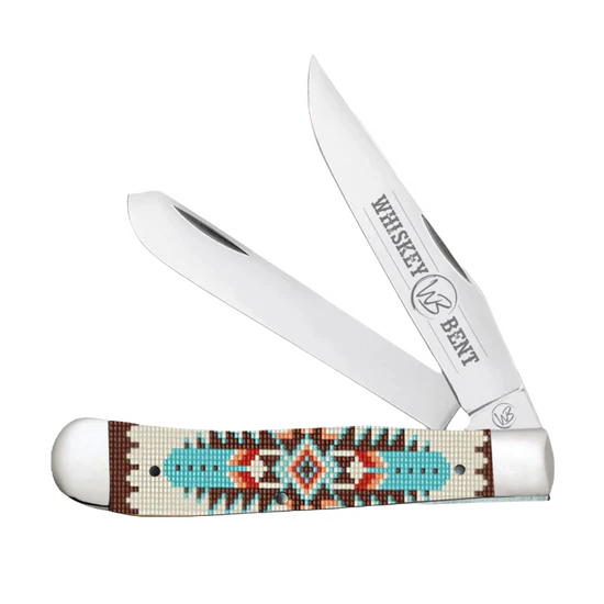 Whiskey Bent Trapper Pocket Knife Filework Twin Blade Turquoise Bead