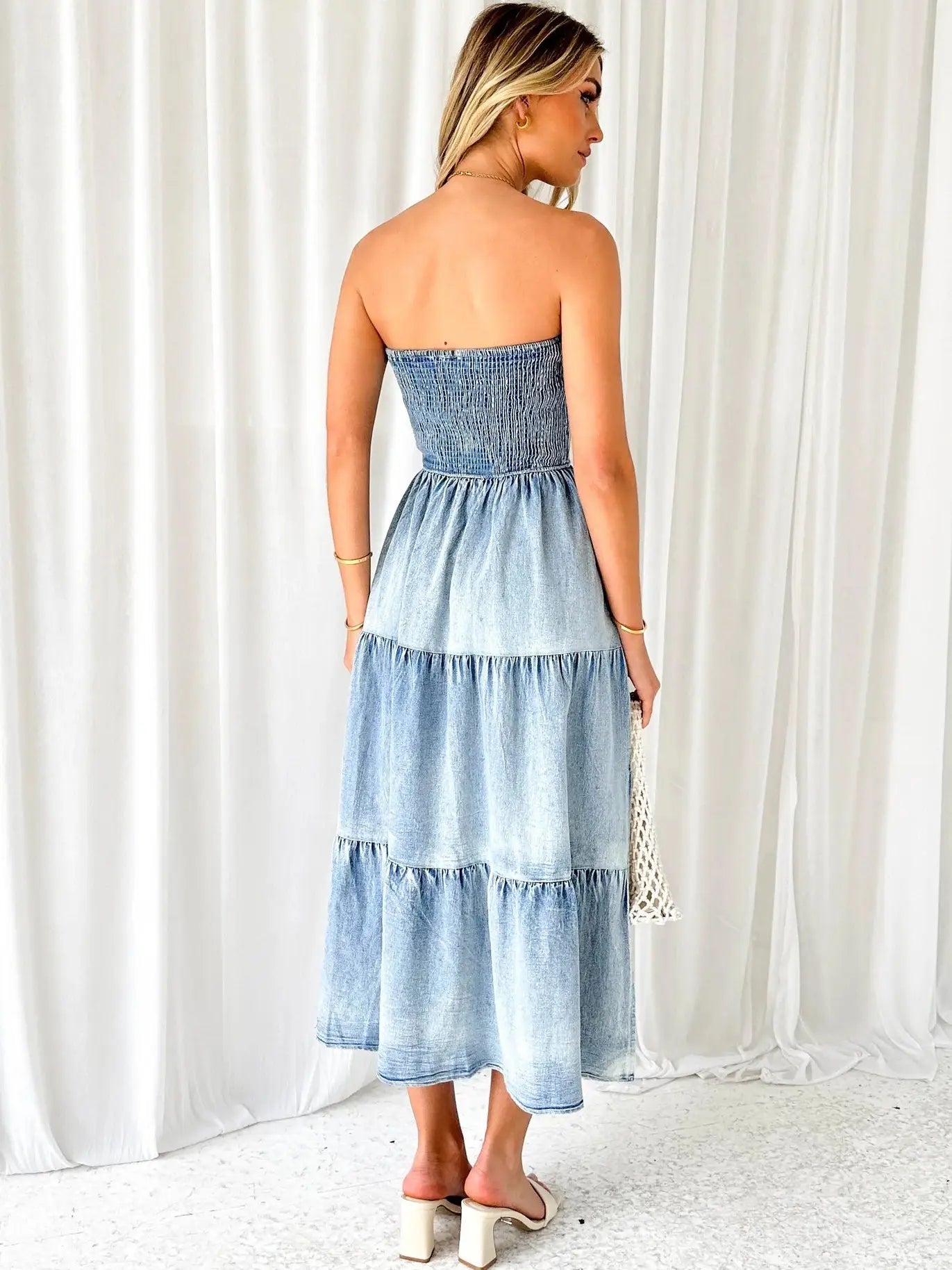 Off Shoulder Hem Slit Jean Dress