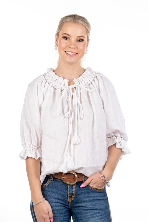 Hitchley and Harrow White off the Shoulder Tassel Linen Top