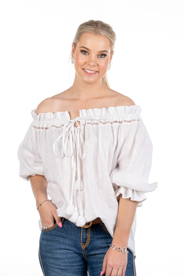 Hitchley and Harrow White off the Shoulder Tassel Linen Top