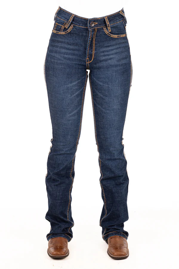 Hitchley and Harrow Ultra High Rise San Antonio Tan and Metallic Stitch Jean