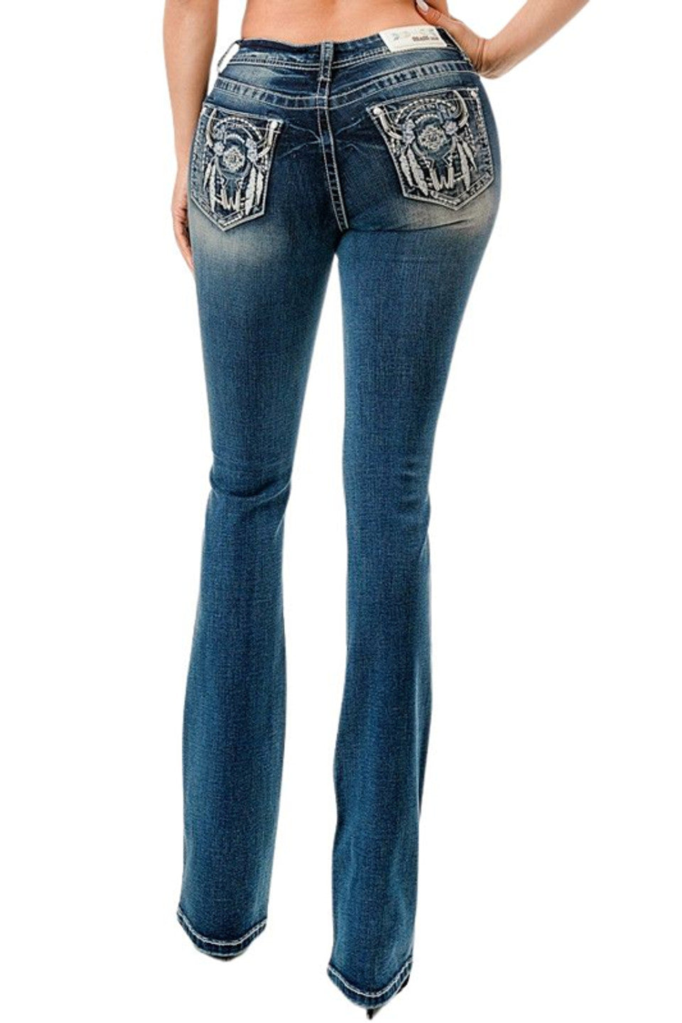Grace in LA Ladies Longhorn Feather Embellised Pocket Medium Wash Denim Bootcut Jeans