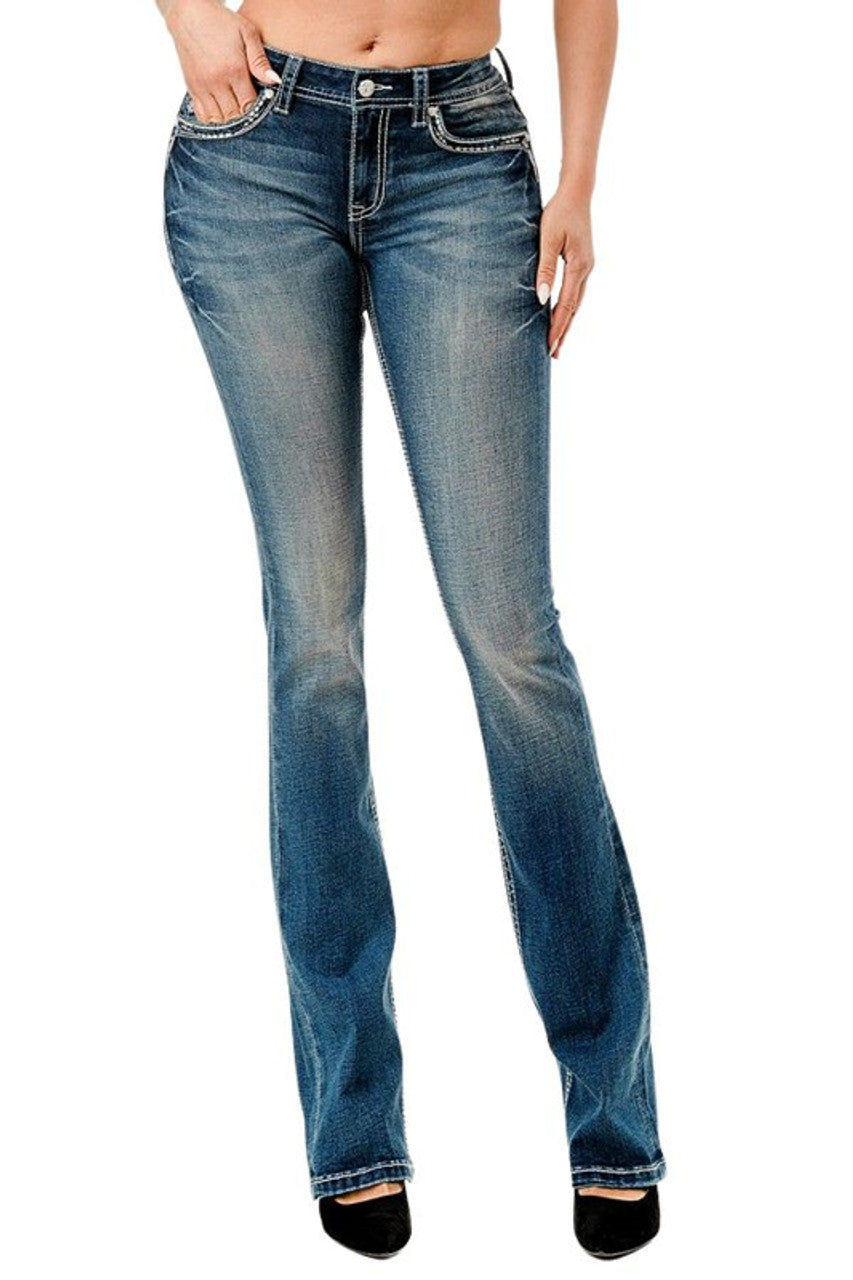 Grace in LA Ladies Longhorn Feather Embellised Pocket Medium Wash Denim Bootcut Jeans
