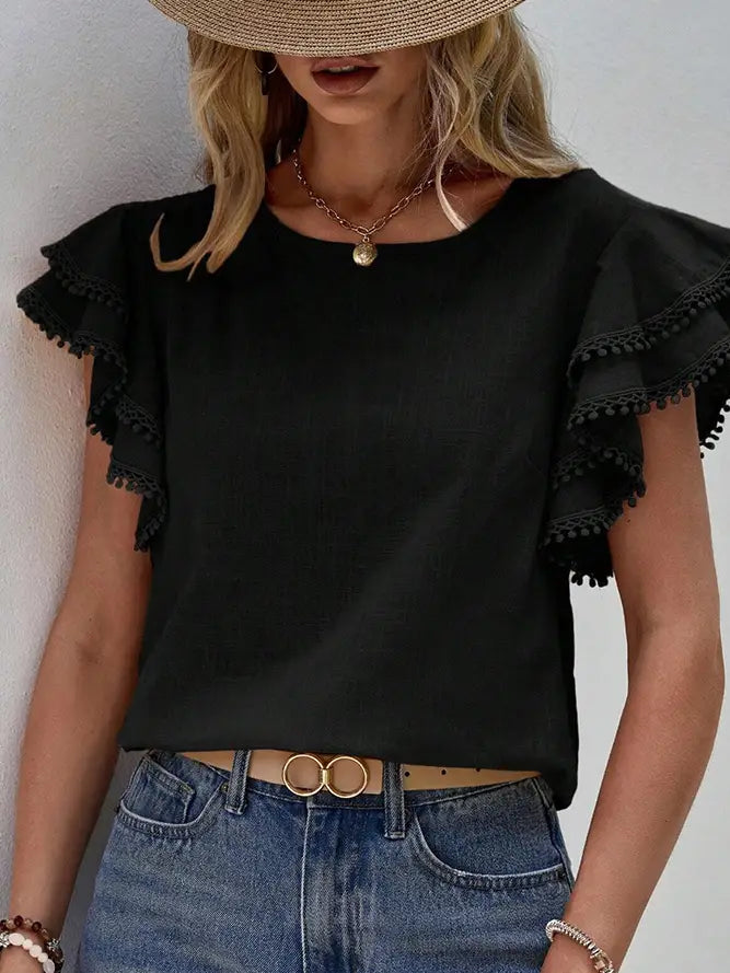 Plain Ruffle Sleeves Crew Neck Top | Country Clothing - Ladies blouse | Saddleworld Ipswich
