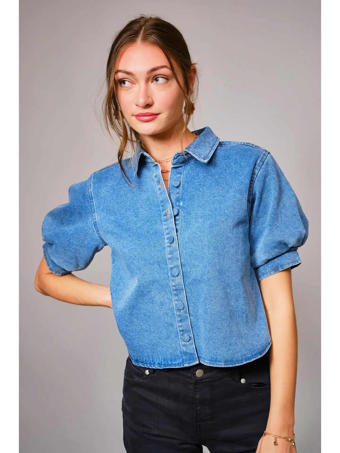 Puff Short Sleeve Button Down Denim Shirt