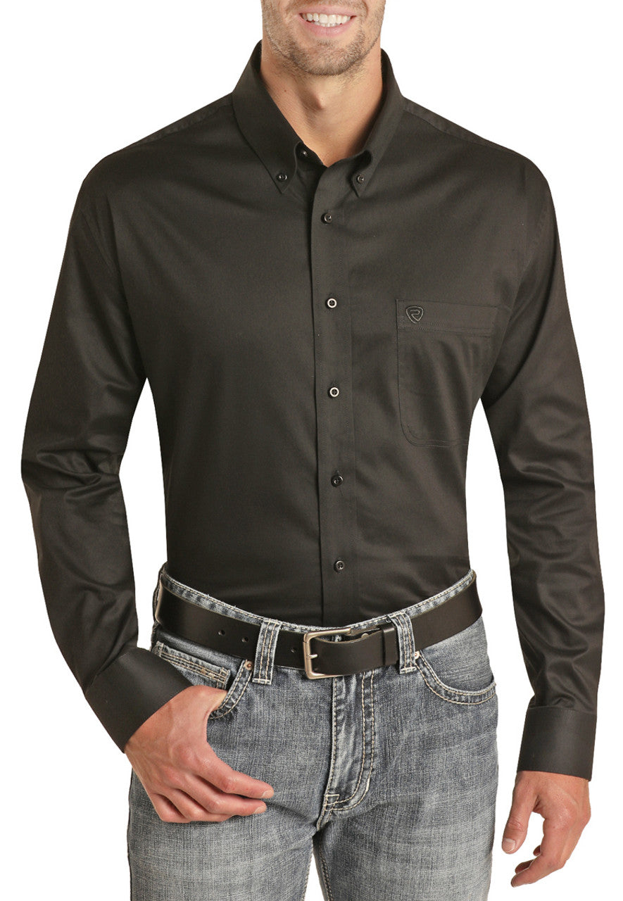 Rock and Roll Regular Fit Logo Embroidered Long Sleeve Button Up Shirt