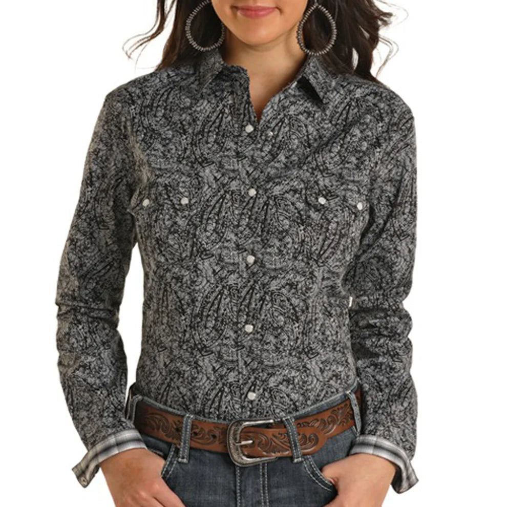Rock and Roll Ladies Long Sleeve Snap Shirt - Black Friday Sale