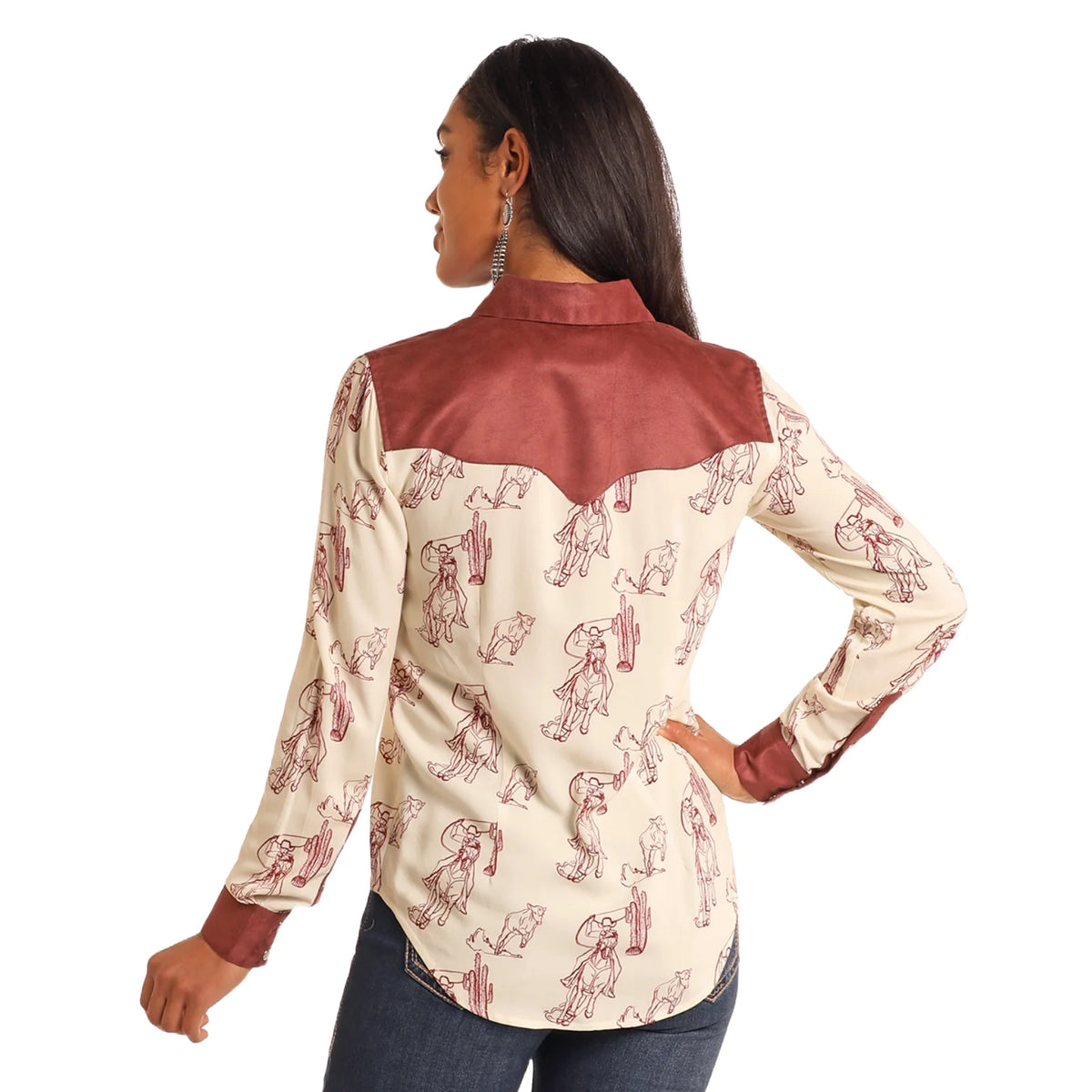 Rock and Roll Denim Ladies Retro Western Eggshell Button Down Shirt - Black Friday Sale