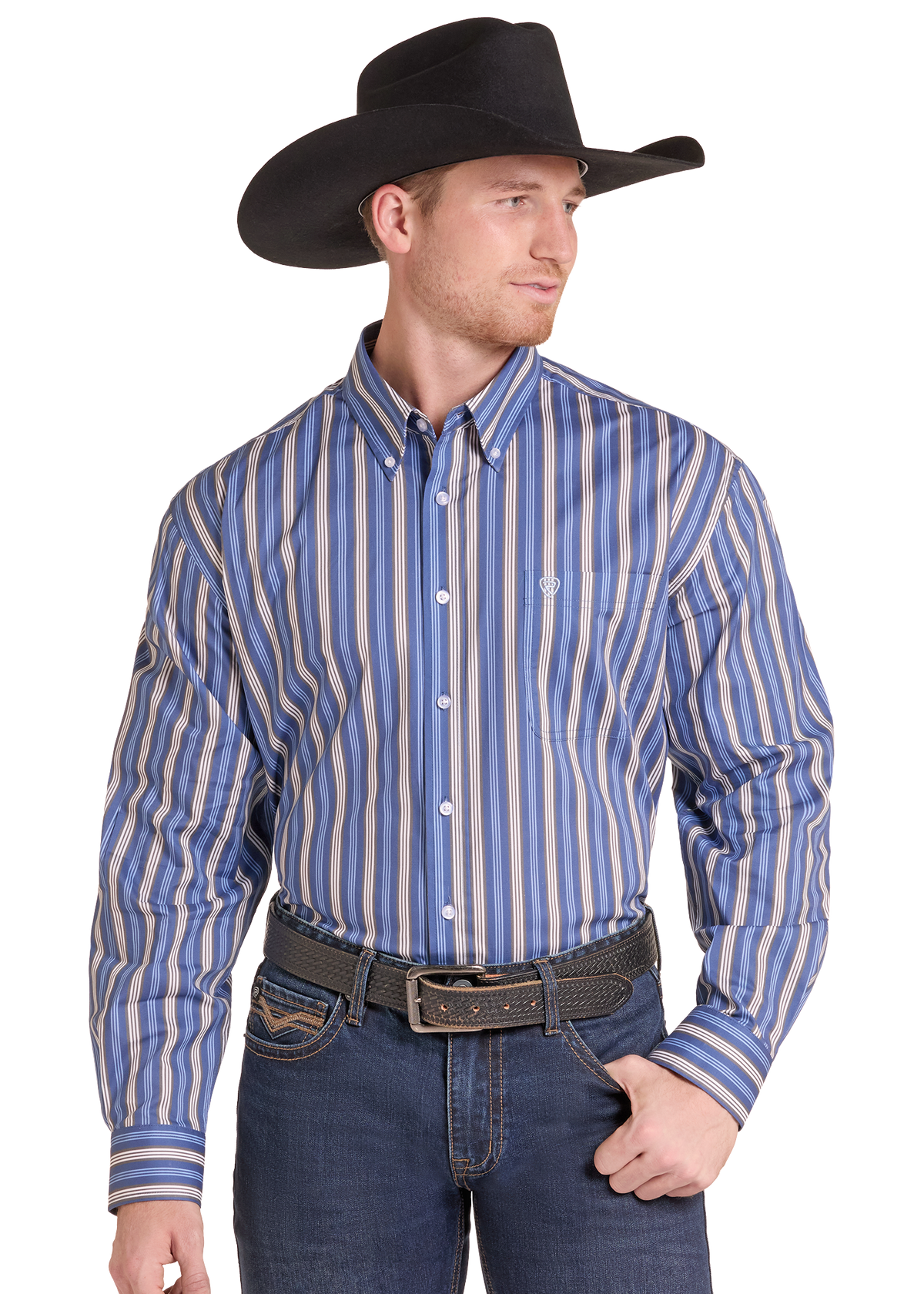 Rock and Roll Denim Mens Blue Stripe Print Long Sleeve Shirt | Country Clothing - Mens Shirt | Saddleworld Ipswich