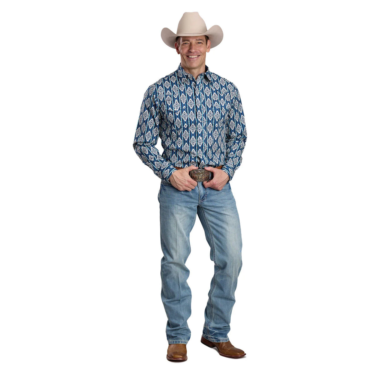 Roper Mns West Made Collection LS Shirt Print Blue | Country Clothing - Mens SHirt | Saddleworld Ipswich