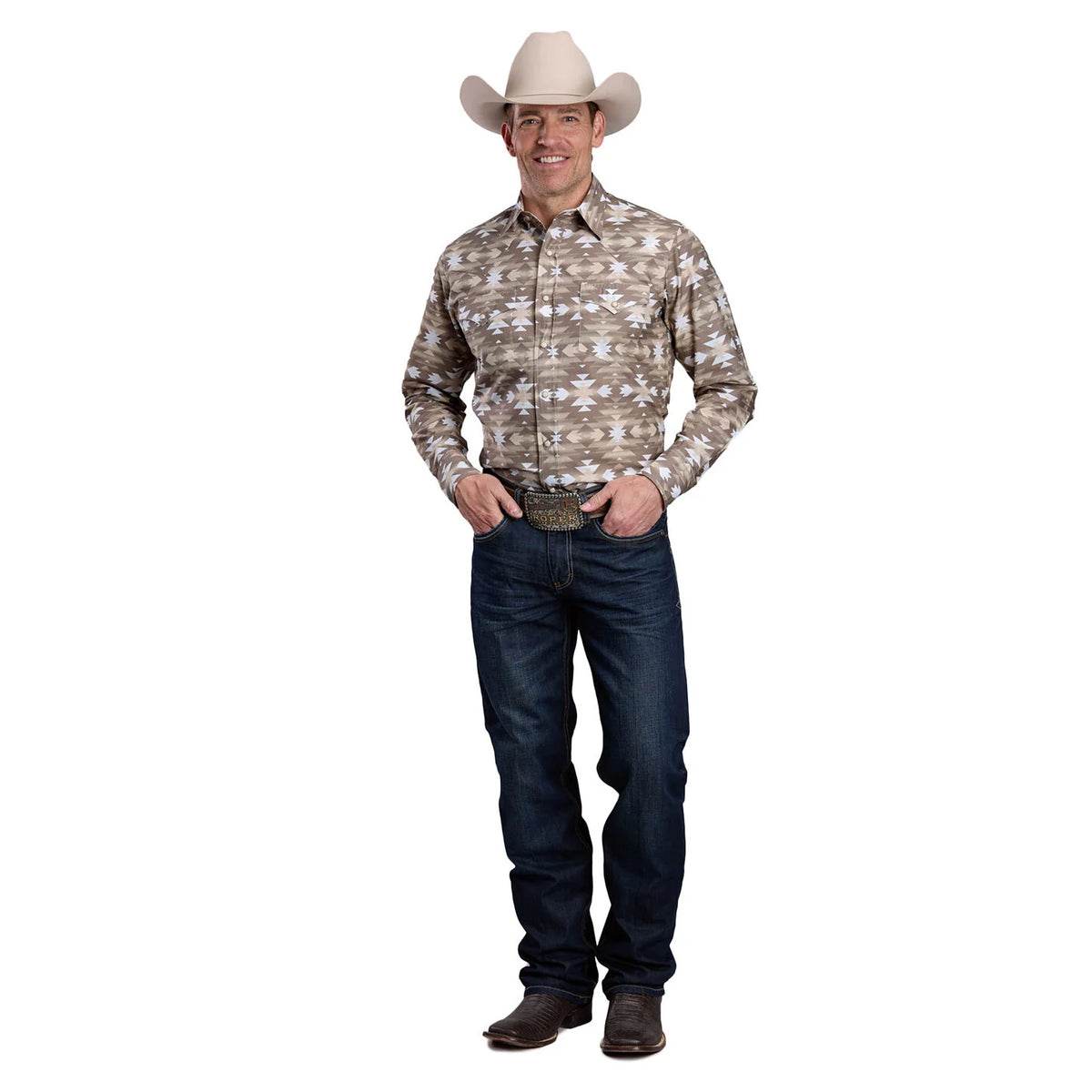Roper Mns West Made Collection LS Shirt Print Brown | Country Clothing - Mens Shirt | Saddleworld Ipswich