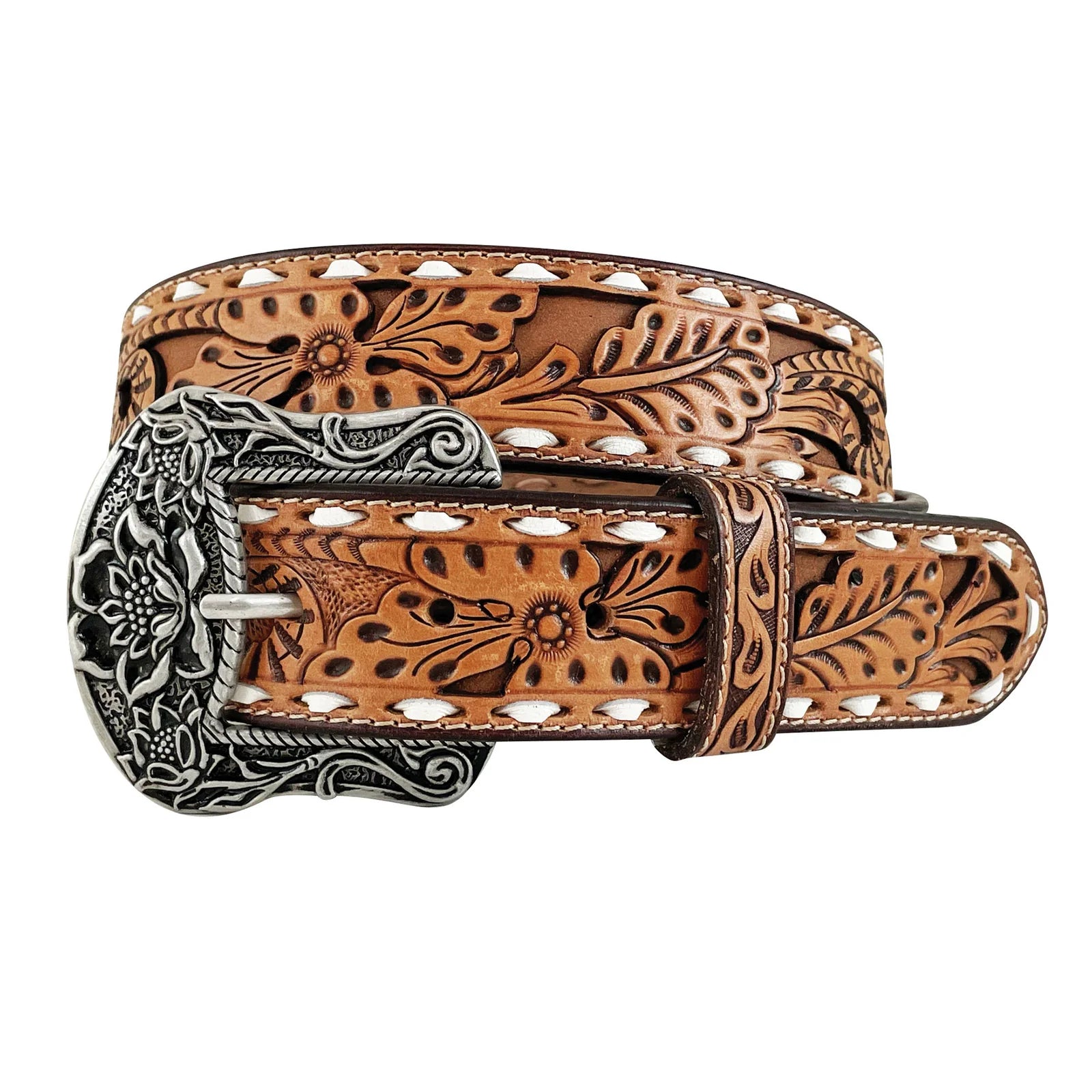 Roper Wms Belt 1.5in Genuine Leather Floral Hand Tooling with Cutouts Tan | Country Clothing - Belts | Saddleworld Ipswich