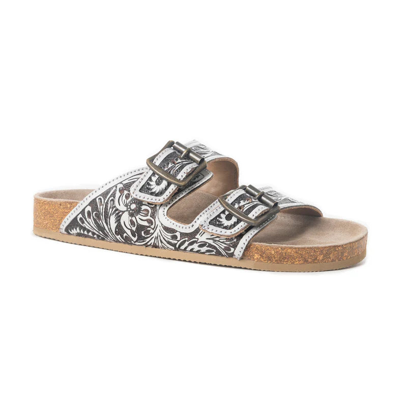 Mesa Scroll Handtooled Sandals in Black and White