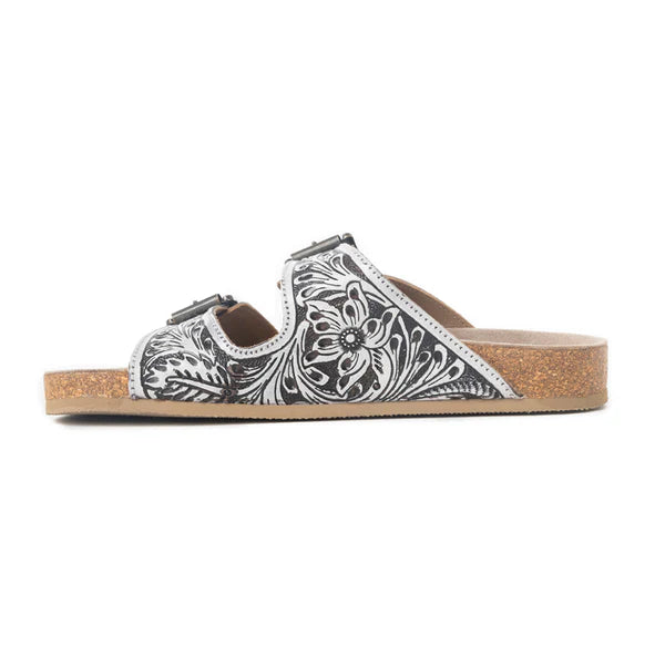 Mesa Scroll Handtooled Sandals in Black and White