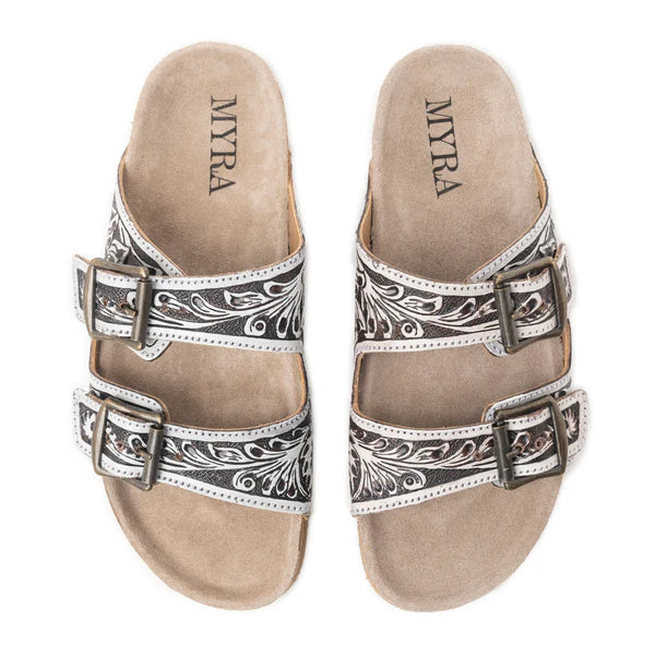 Mesa Scroll Handtooled Sandals in Black and White
