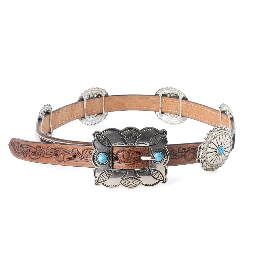 Floracrest Harion Concho Belt with Handtooling and Turquoise Stone Buckle